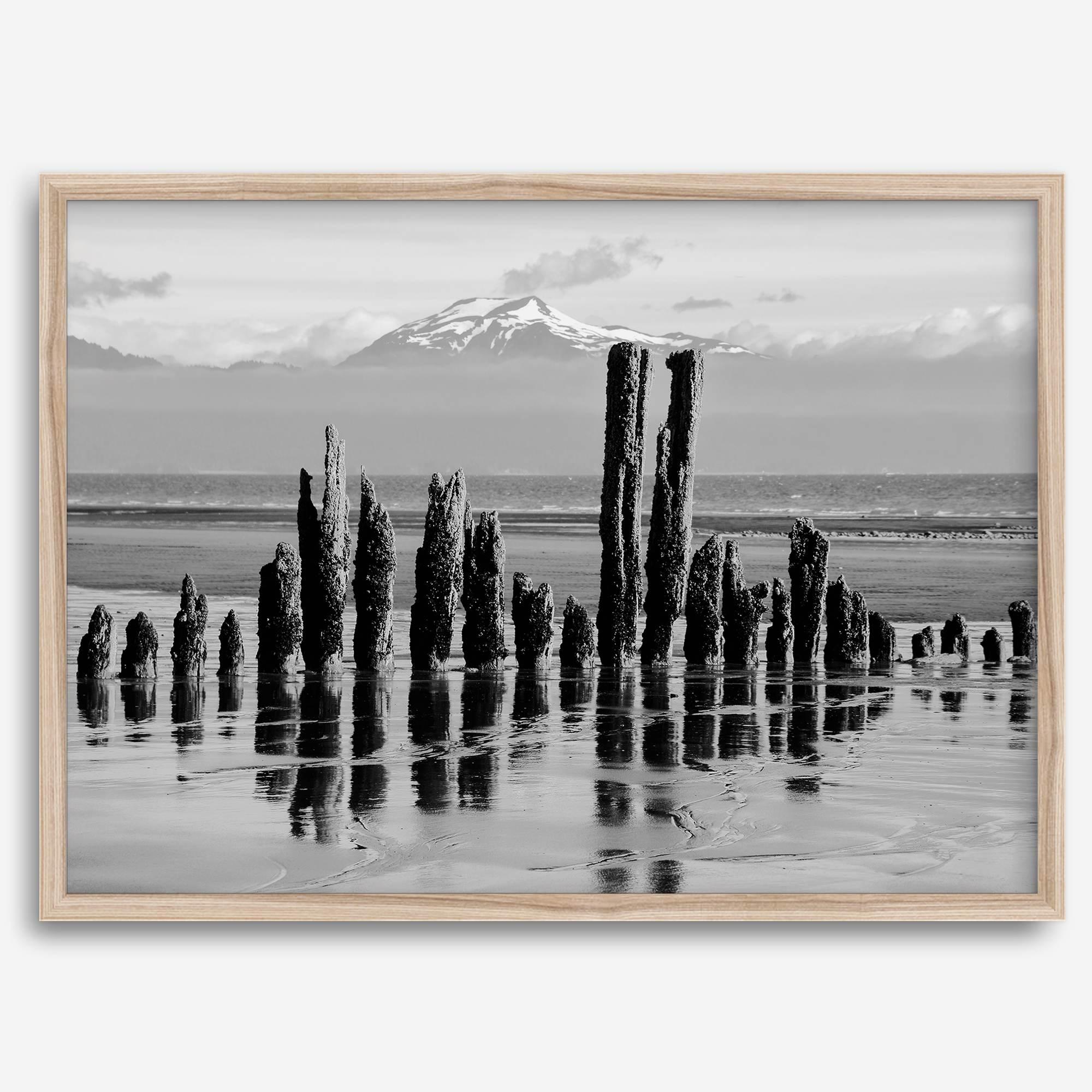 Black and white photo of weathered pilings on an Alaskan beach with snow-capped mountains in the background – fine art print.