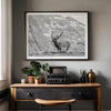 Capture the spirit of Rocky Mountain National Park with this black and white fine art Elk photo print. A majestic Elk stands on top of a bed of flowers with a snow-covered mountain behind it.