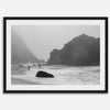 A framed black and white print of the beautiful Pfeiffer Beach in Big Sur hung in the living room. This wall art showcases the dramatic rocks and mist of the Big Sur coastline and the day-to-day life of the beach.