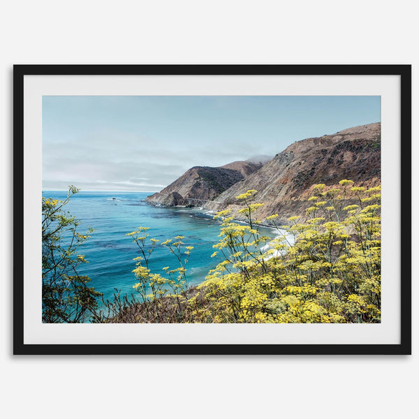 Coastal wall art featuring wildflowers and cliffs along Route #1 near Bixby Bridge in Big Sur.