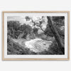 Black and white photo of McWay Falls flowing into the Pacific Ocean at Big Sur, California – fine art coastal print