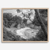 Black and white photo of McWay Falls flowing into the Pacific Ocean at Big Sur, California – fine art coastal print