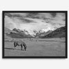 A black and white mountain horse fine art print that can come framed on unframed and was taken in Peru. This mountain wall art showcases snow-covered mountains in Peru and a charming horse grazing relaxingly in the forefront of the picture.