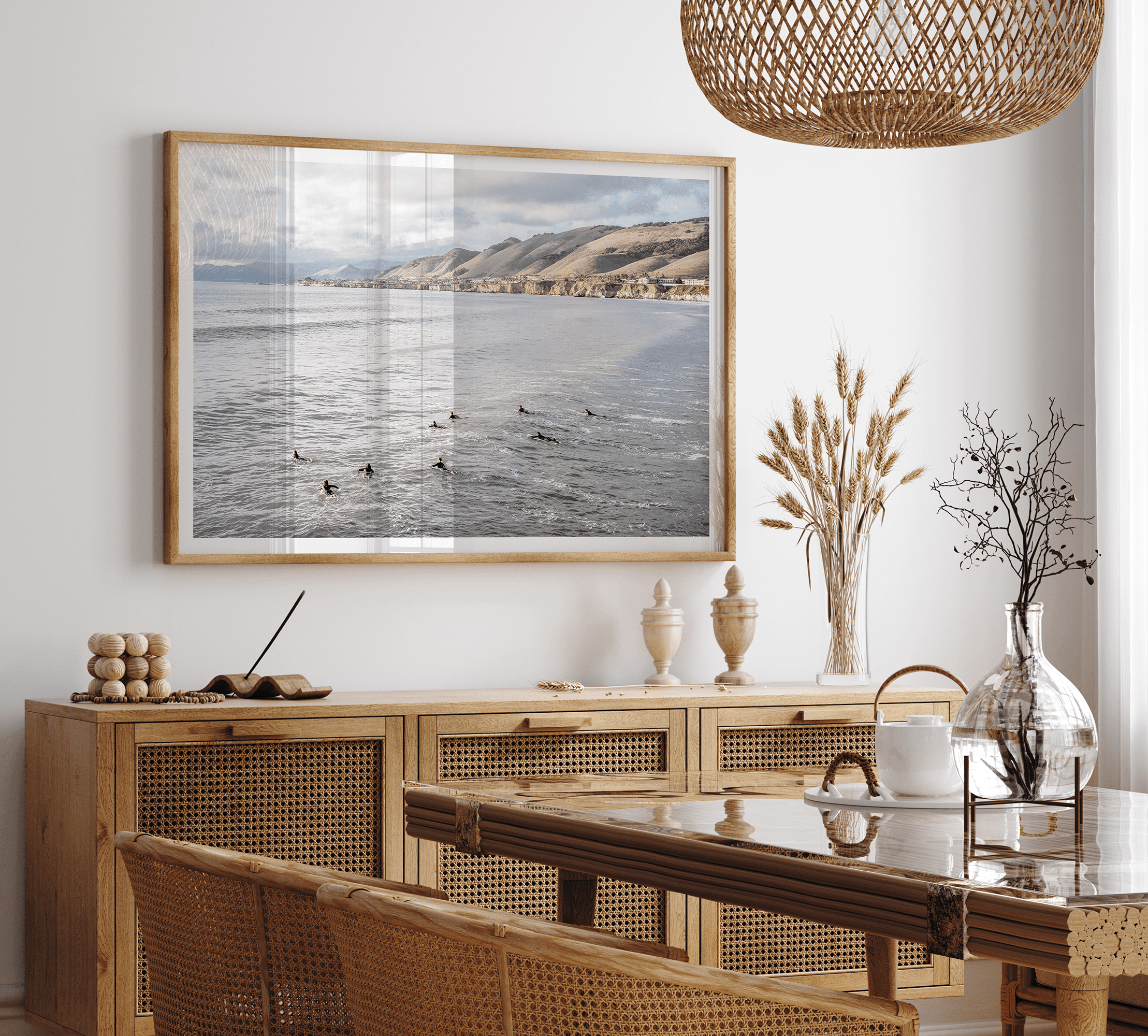 Black-and-WSurfers paddling near Pismo Beach captured in a fine art photography print with coastal cliffs and serene ocean views.hite-Ocean-Surf-Fne-Art-Print-