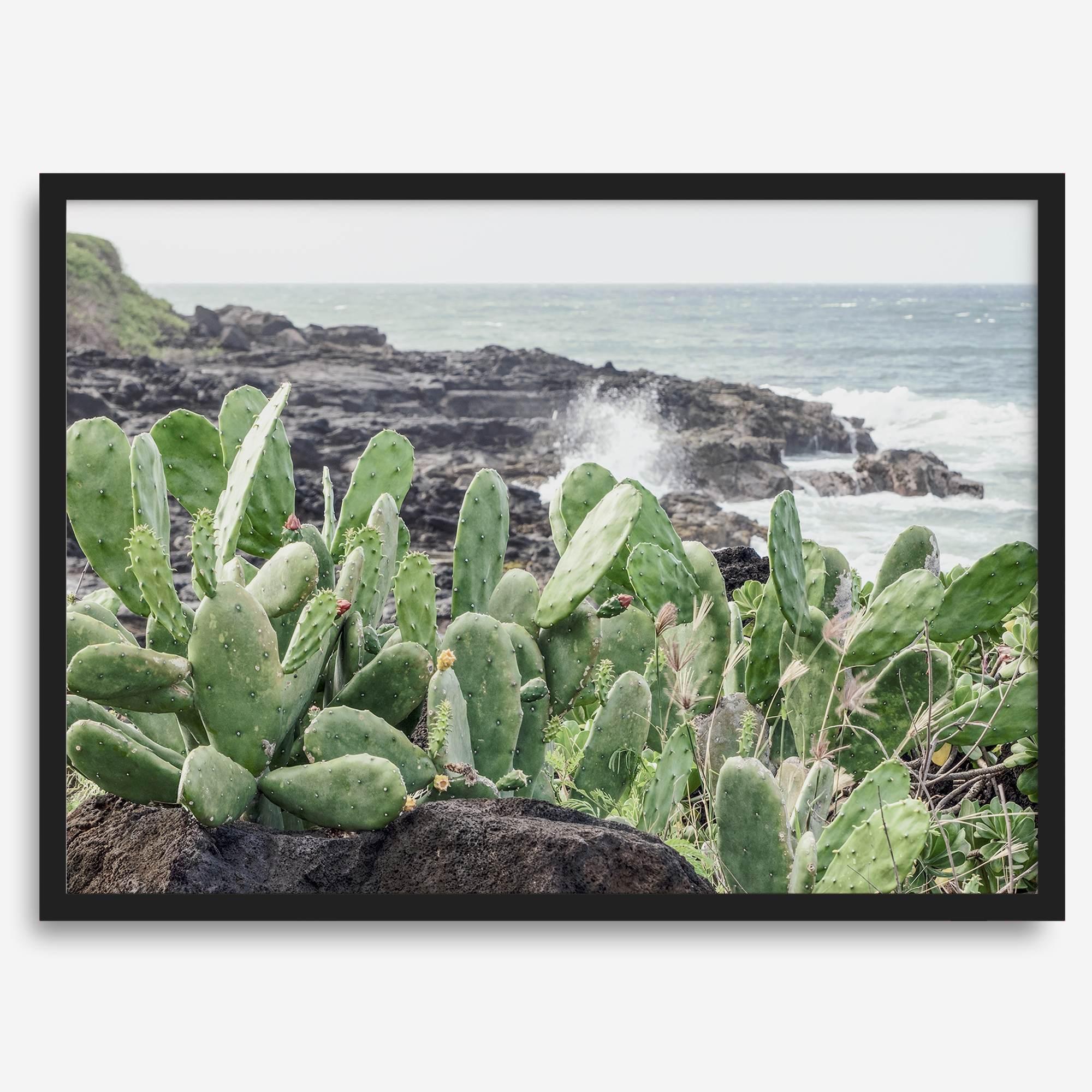 Cactus wall art of Kauai coast with ocean waves and tropical greenery.