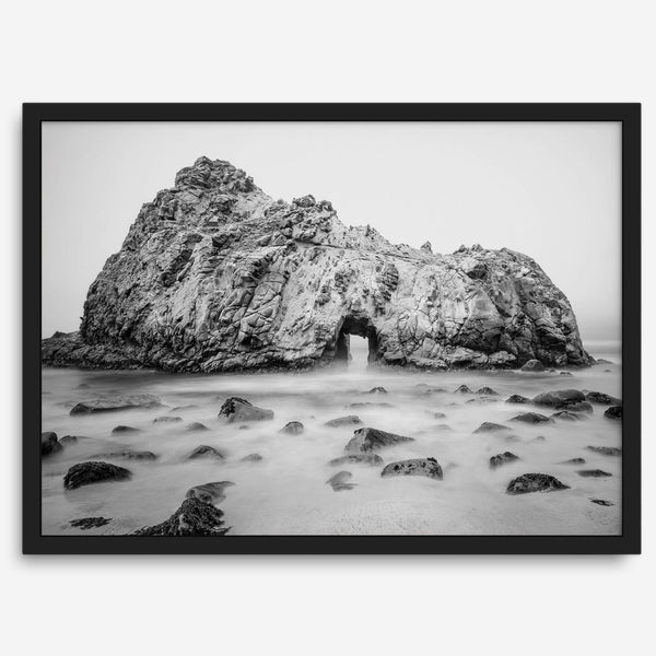 Black and white Big Sur print featuring Pfeiffer Beach rock formation with misty ocean waves.