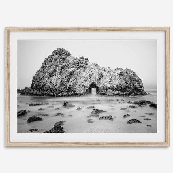 Black and white Big Sur print featuring Pfeiffer Beach rock formation with misty ocean waves.