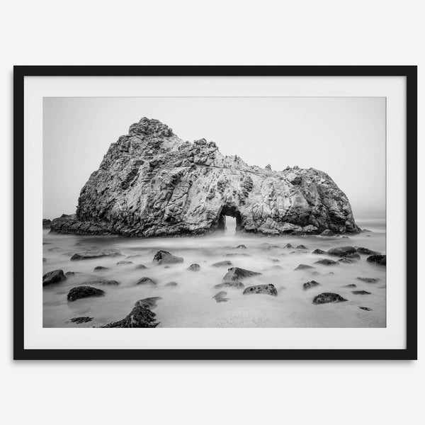 Black and white Big Sur print featuring Pfeiffer Beach rock formation with misty ocean waves.