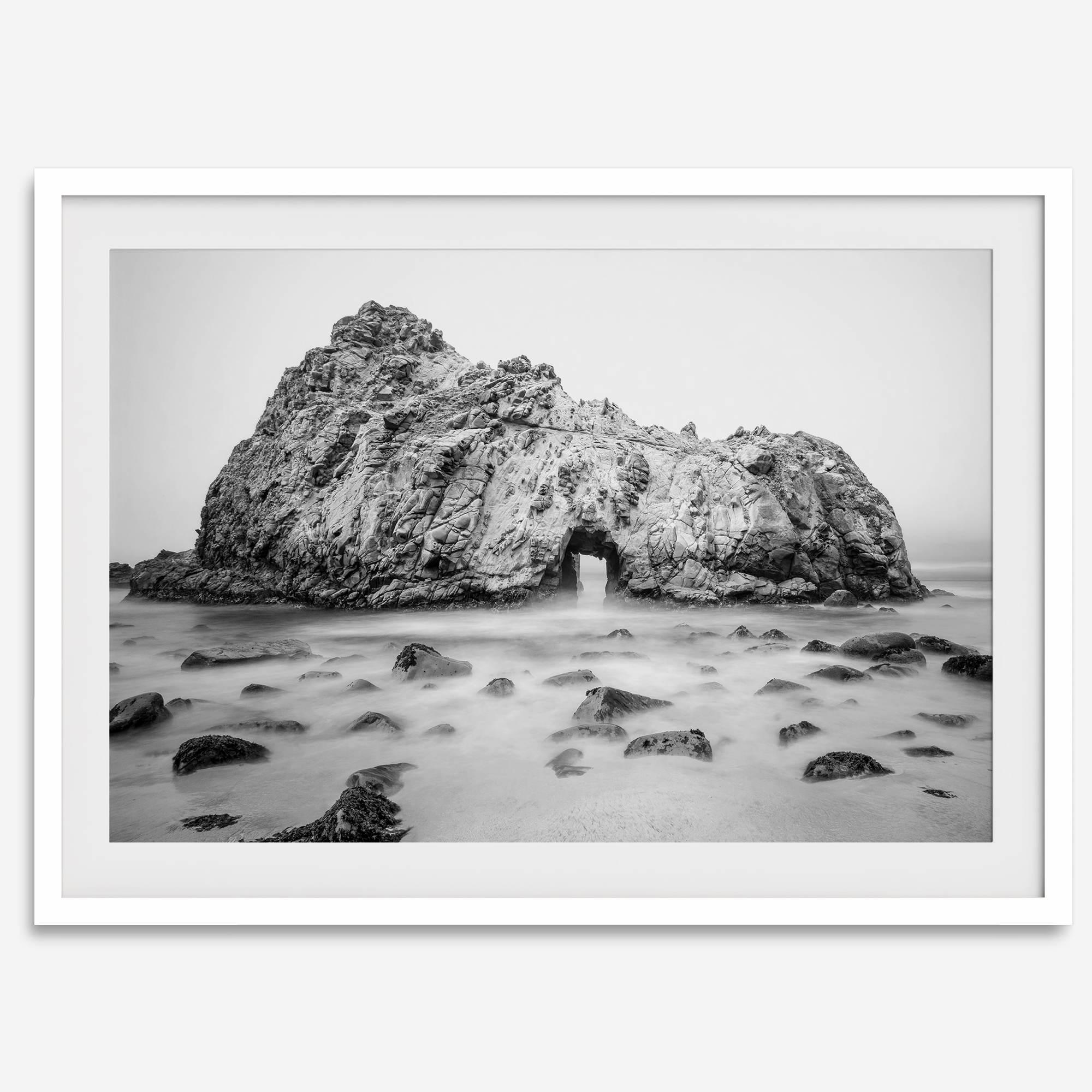 Black and white Big Sur print featuring Pfeiffer Beach rock formation with misty ocean waves.