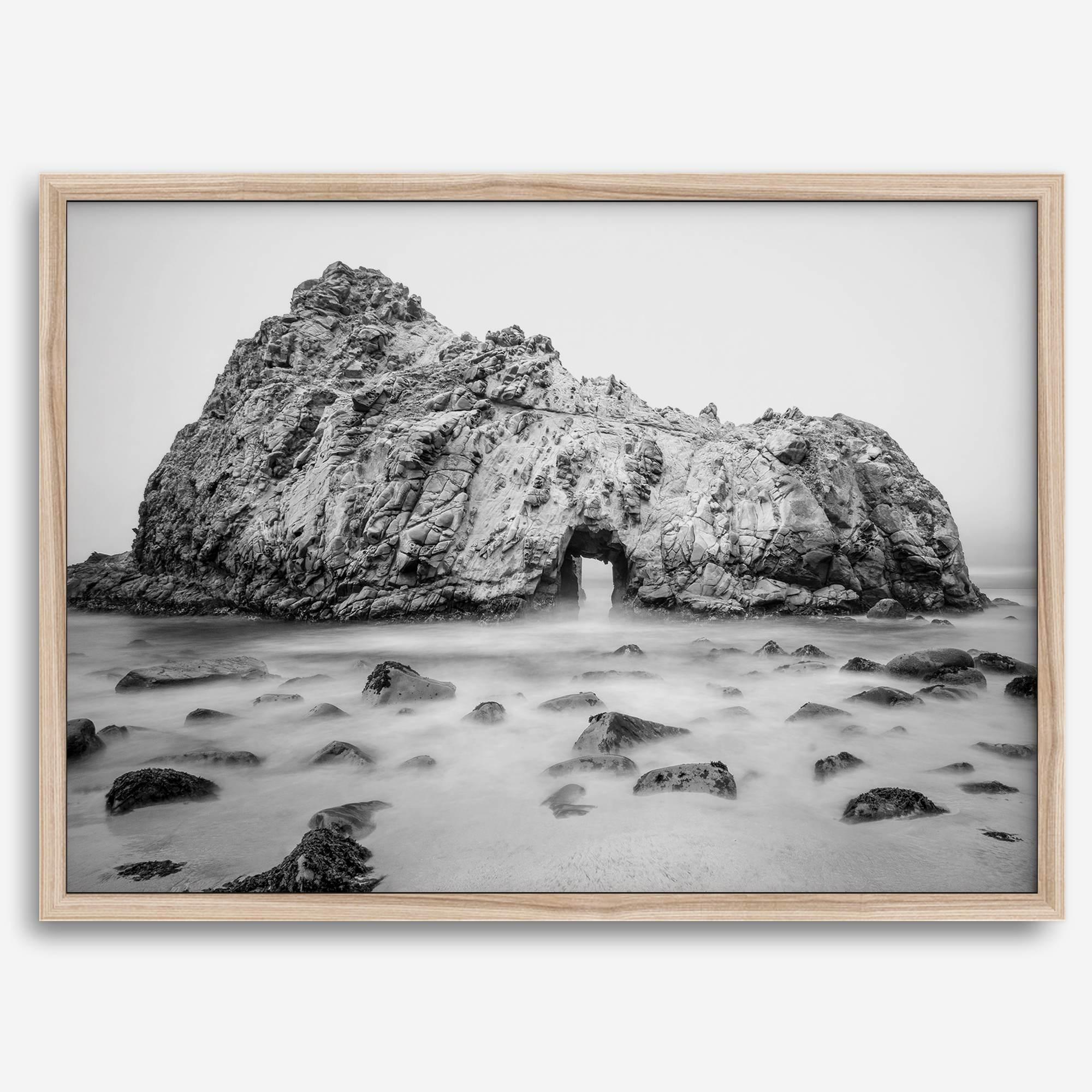 Black and white Big Sur print featuring Pfeiffer Beach rock formation with misty ocean waves.