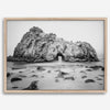 Black and white Big Sur print featuring Pfeiffer Beach rock formation with misty ocean waves.