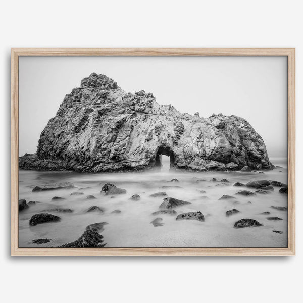 Black and white Big Sur print featuring Pfeiffer Beach rock formation with misty ocean waves.