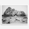 Black and white Big Sur print featuring Pfeiffer Beach rock formation with misty ocean waves.