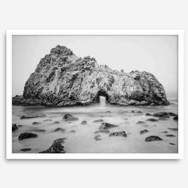 Black and white Big Sur print featuring Pfeiffer Beach rock formation with misty ocean waves.