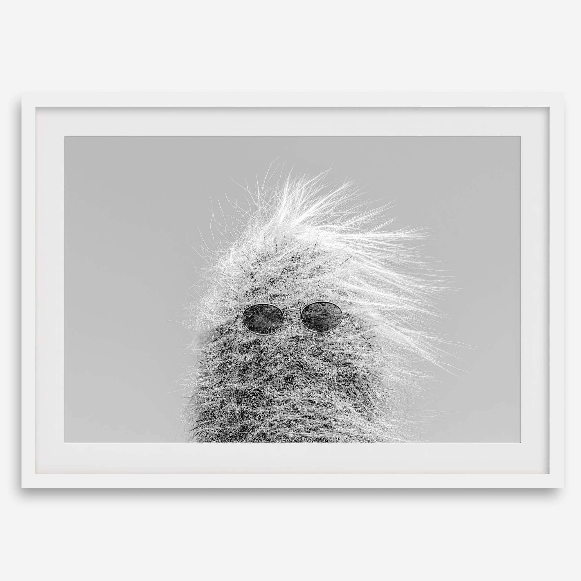 Black-and-white cactus print featuring a windswept cool cactus with sunglasses in a minimalist desert setting.