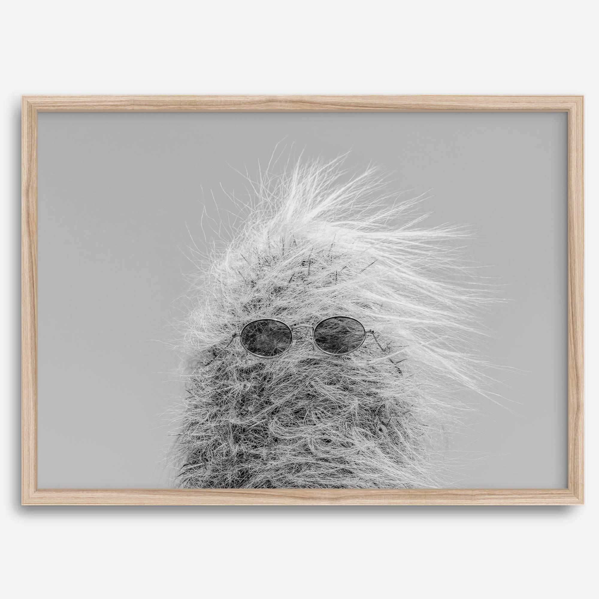 Black-and-white cactus print featuring a windswept cool cactus with sunglasses in a minimalist desert setting.