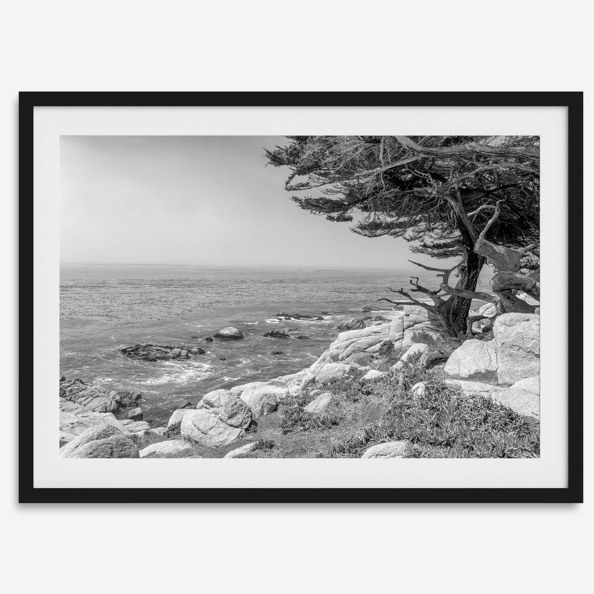 Black and white coastal art featuring Pebble Beach’s rocky shoreline and ocean view.