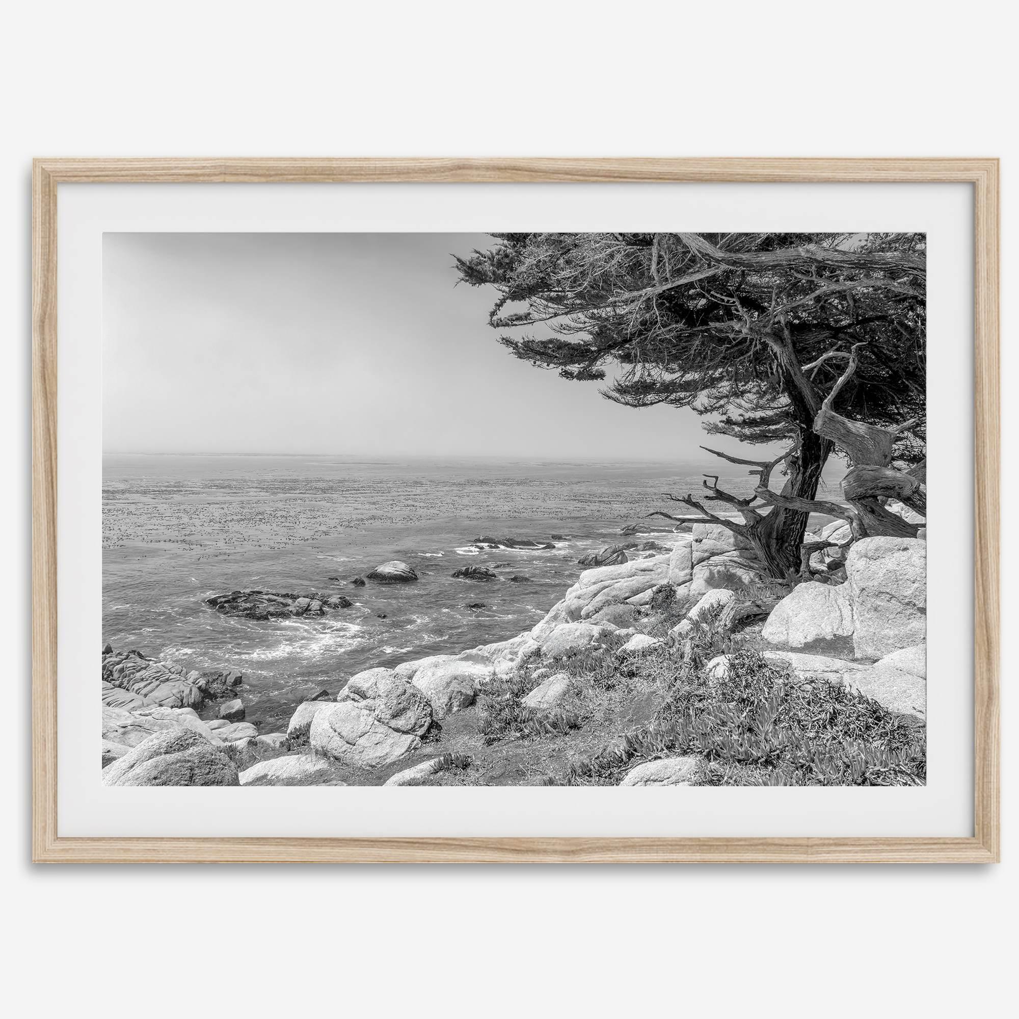 Black and white coastal art featuring Pebble Beach’s rocky shoreline and ocean view.