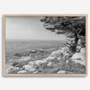 Black and white coastal art featuring Pebble Beach’s rocky shoreline and ocean view.