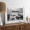 Stunning moody black and white beach fine art print from Pescadero, California. The Pacific Ocean looks creamy in this fine art long-exposure photography print.