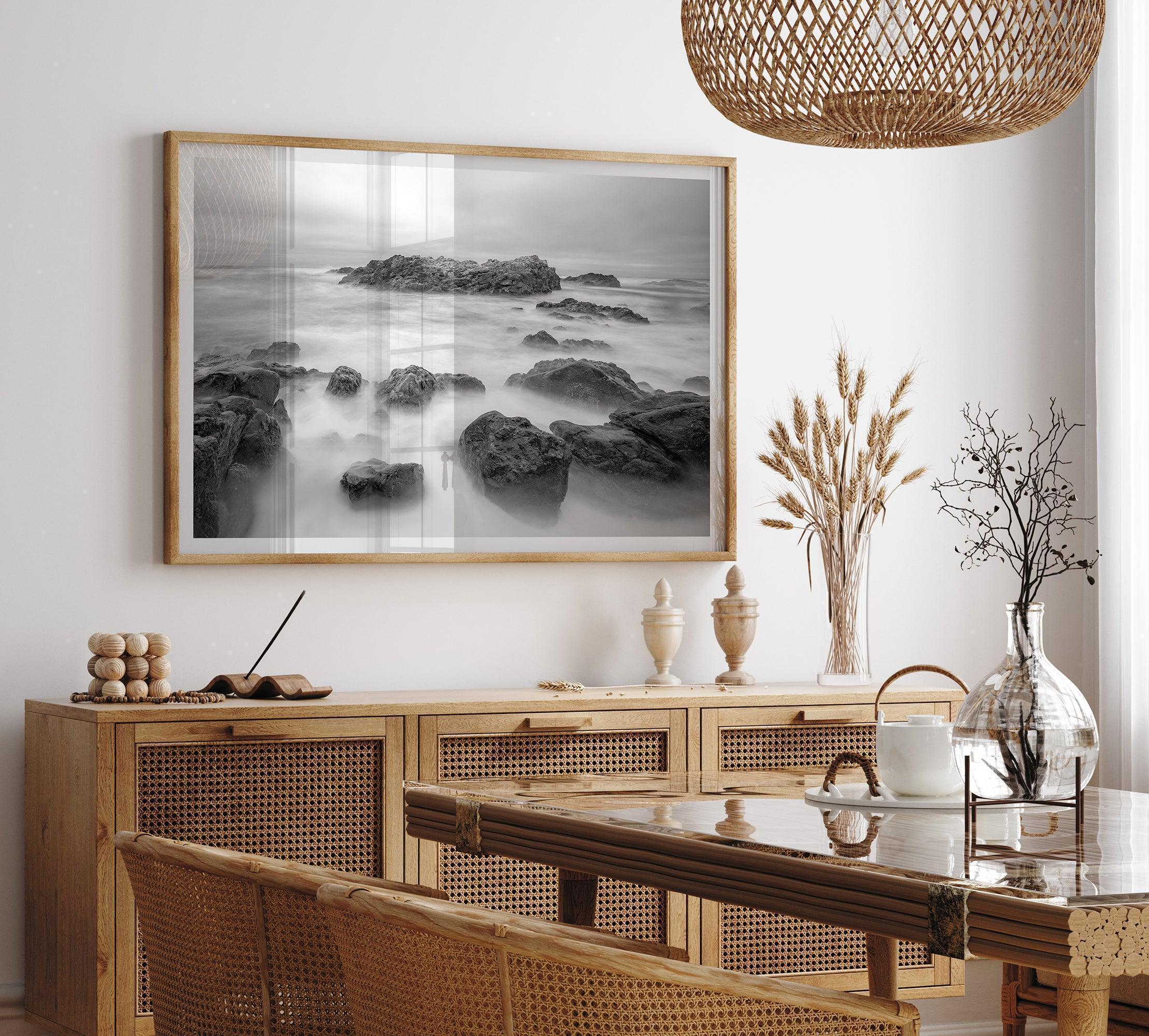 Stunning moody black and white beach fine art print from Pescadero, California. The Pacific Ocean looks creamy in this fine art long-exposure photography print.