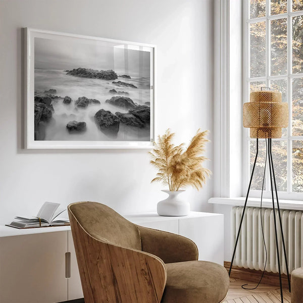 Stunning moody black and white beach fine art print from Pescadero, California. The Pacific Ocean looks creamy in this fine art long-exposure photography print.