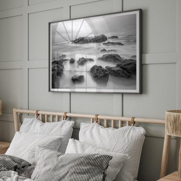 Stunning moody black and white beach fine art print from Pescadero, California. The Pacific Ocean looks creamy in this fine art long-exposure photography print.