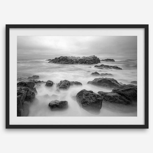 Stunning moody black and white beach fine art print from Pescadero, California. The Pacific Ocean looks creamy in this fine art long-exposure photography print.