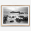 Stunning moody black and white beach fine art print from Pescadero, California. The Pacific Ocean looks creamy in this fine art long-exposure photography print.