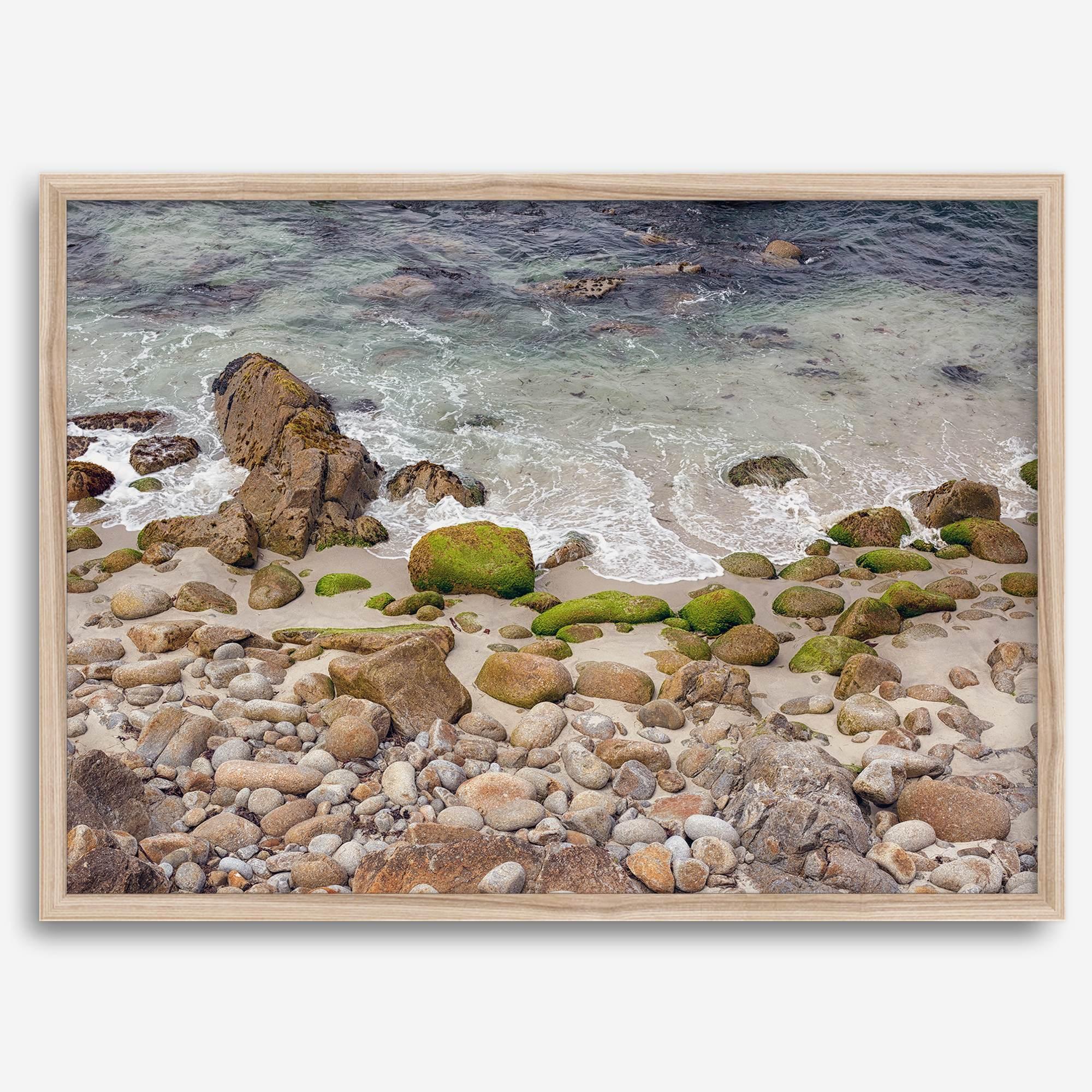 A framed aerial print of a beautiful beach in Pacific Grove, California, near Monterey. This breathtaking fine art aerial photography print captures the awe-inspiring beauty of the California coast.