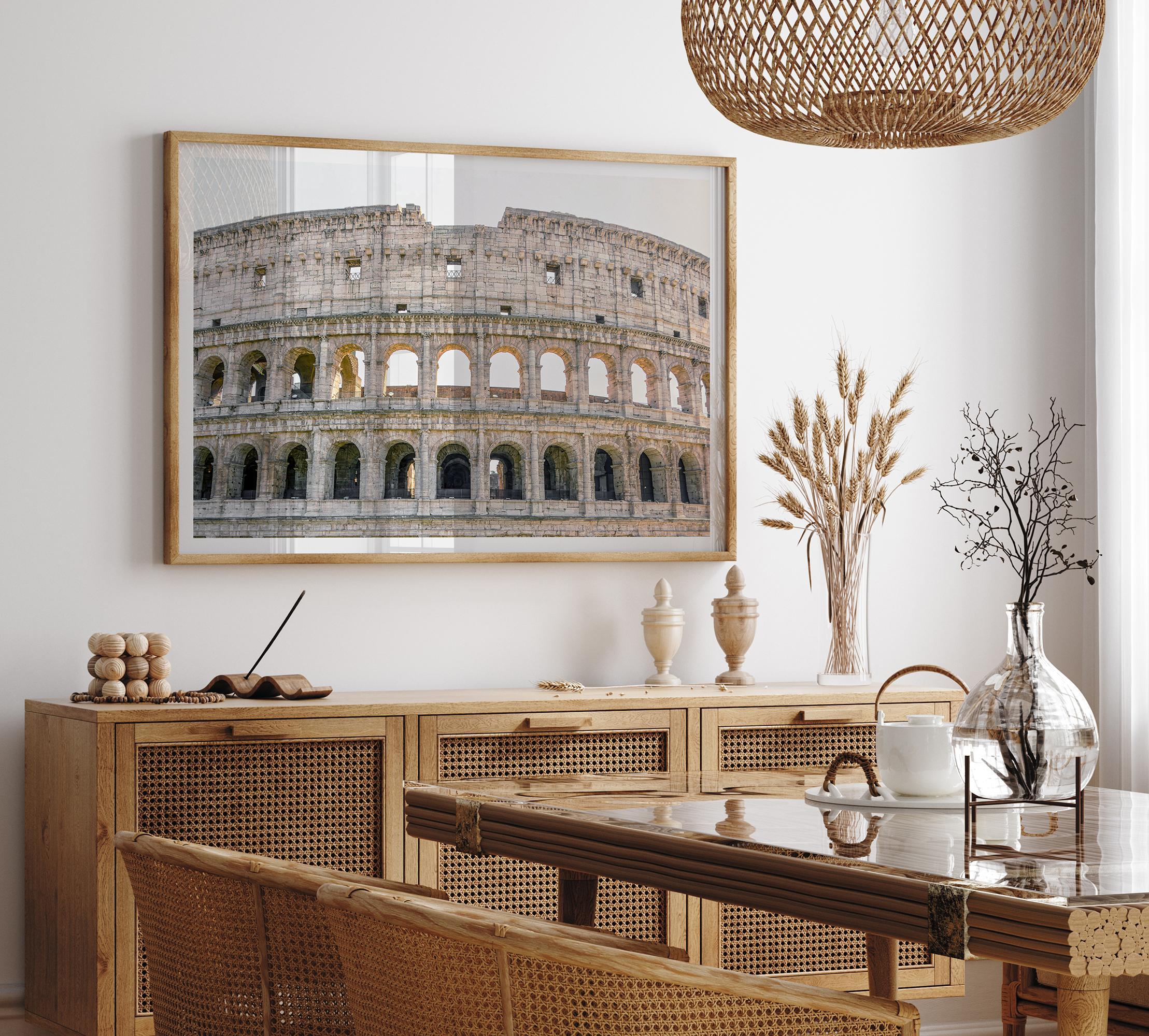 A fine art Italy print showing a geometric close up of the Colosseum in Rome. 