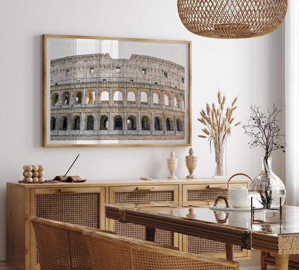 A fine art Italy print showing a geometric close up of the Colosseum in Rome. 