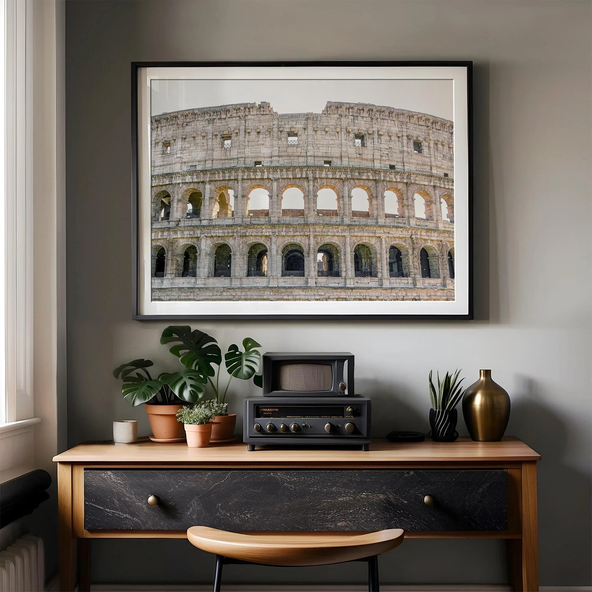 A fine art Italy print showing a geometric close up of the Colosseum in Rome. 