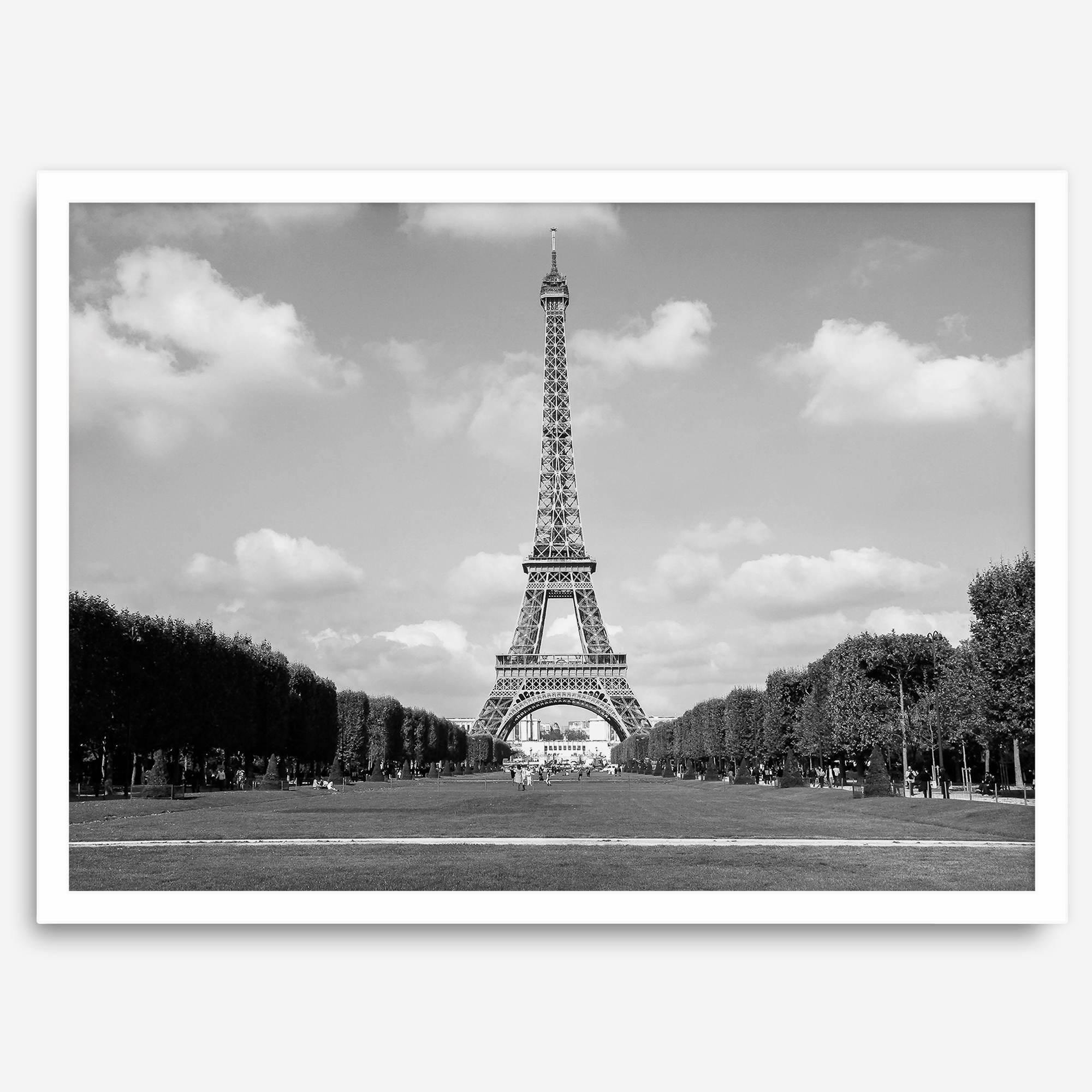 A fine art symmetric Eiffel Tower Wall Art. This Parisian print showcases the tower itself and the Eiffel Tower gardens in Paris.