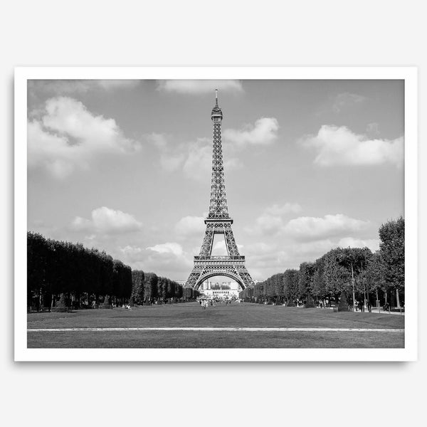 A fine art symmetric Eiffel Tower Wall Art. This Parisian print showcases the tower itself and the Eiffel Tower gardens in Paris.