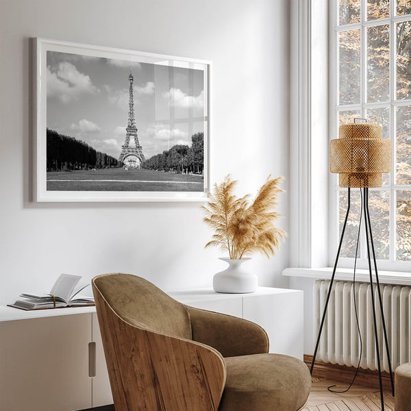A fine art symmetric Eiffel Tower Wall Art. This Parisian print showcases the tower itself and the Eiffel Tower gardens in Paris.