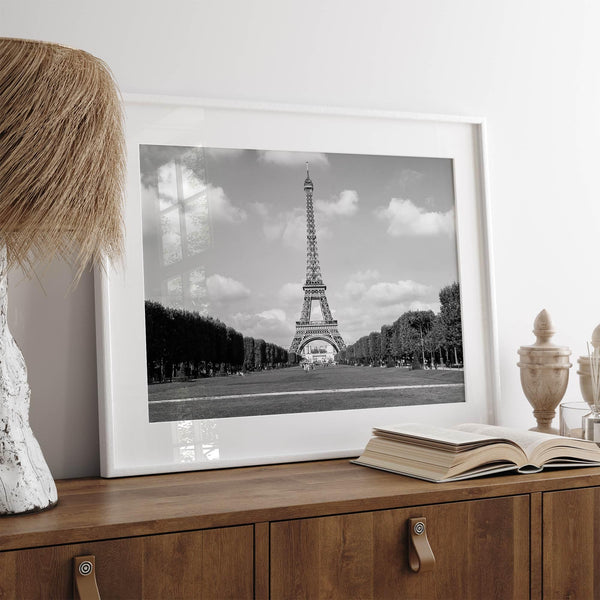 A fine art symmetric Eiffel Tower Wall Art. This Parisian print showcases the tower itself and the Eiffel Tower gardens in Paris.