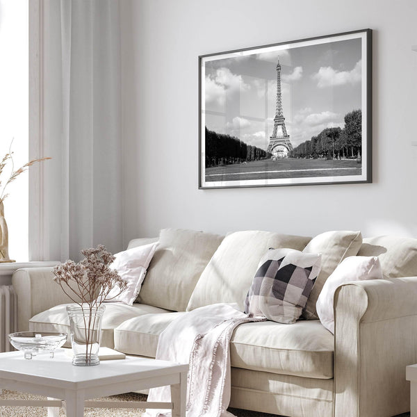 A fine art symmetric Eiffel Tower Wall Art. This Parisian print showcases the tower itself and the Eiffel Tower gardens in Paris.