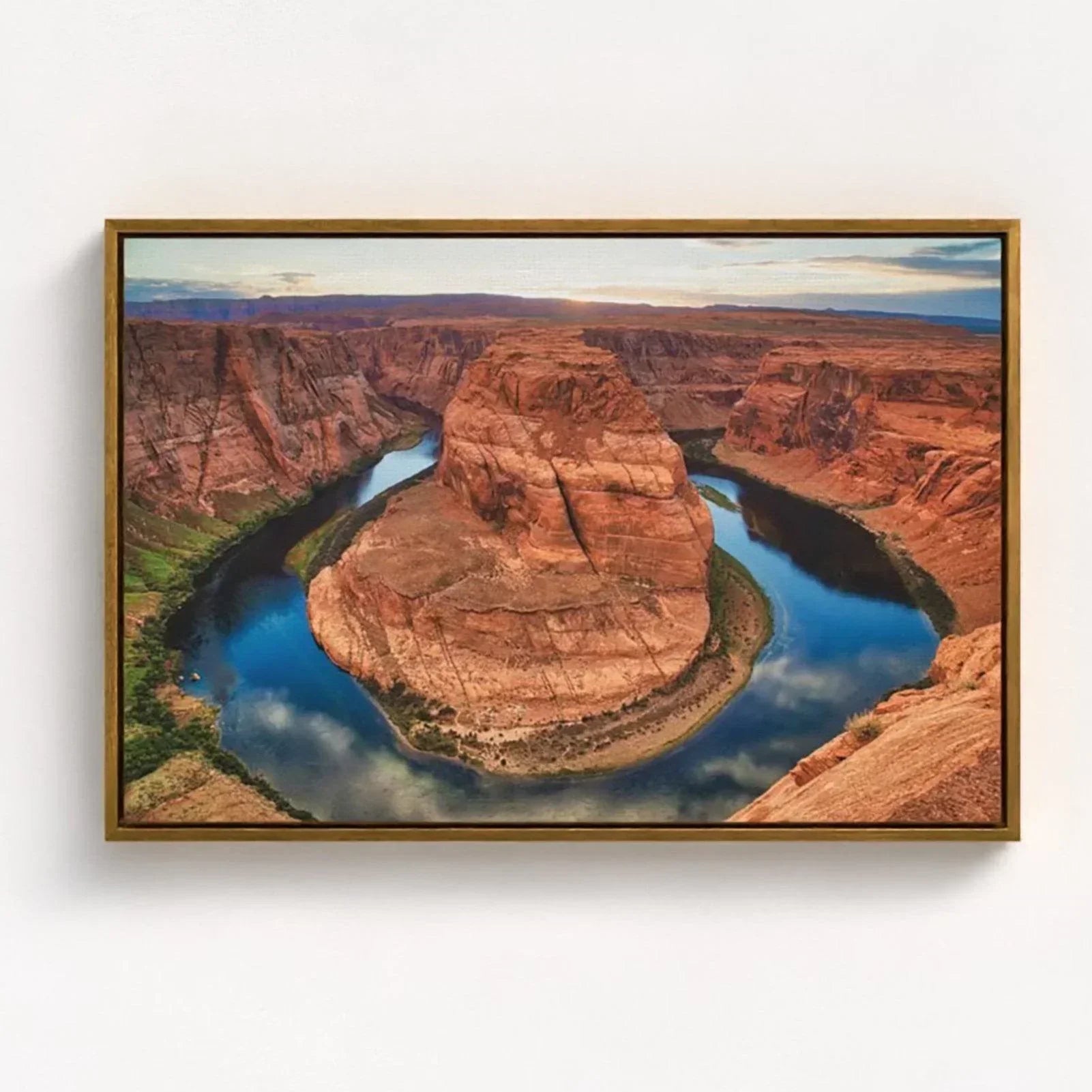 A fine art framed or stretched canvas Horseshoe Bend Print. This Arizona desert wall art comes in extra large sizes of up to 60x40 inches and will bring the beauty of nature into your living or office space.