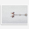 A fine art minimalist wildlife photography print showcasing a bird flying over a lake in Arizona.