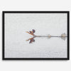 A fine art minimalist wildlife photography print showcasing a bird flying over a lake in Arizona.