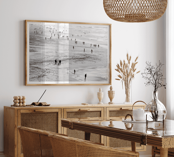 Black and white photo of people walking on Baker Beach in San Francisco – fine art coastal photography print.