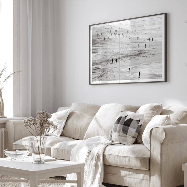 Black and white photo of people walking on Baker Beach in San Francisco – fine art coastal photography print.