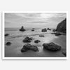A fine art black and white beach print featuring El Matador State Beach in MalIbu. This southwest coastal decor captures the ragged beauty of the California coast.