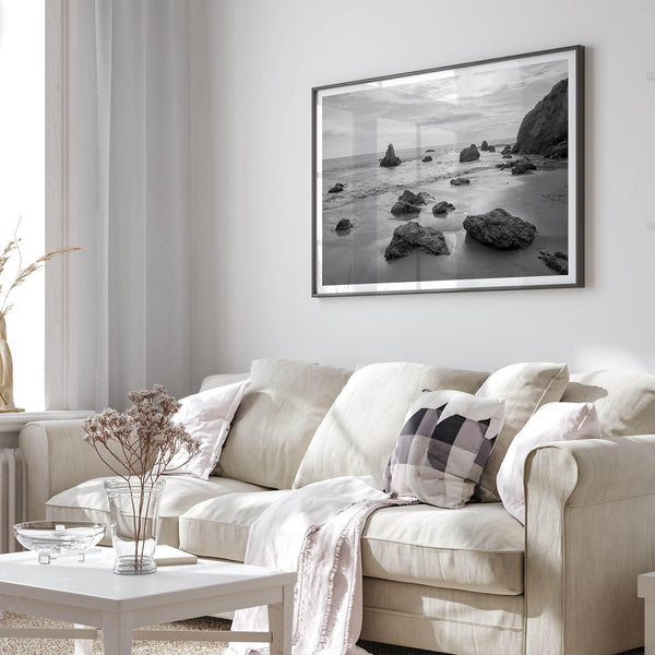 A fine art black and white beach print featuring El Matador State Beach in MalIbu. This southwest coastal decor captures the ragged beauty of the California coast.