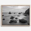 A fine art black and white beach print featuring El Matador State Beach in MalIbu. This southwest coastal decor captures the ragged beauty of the California coast.