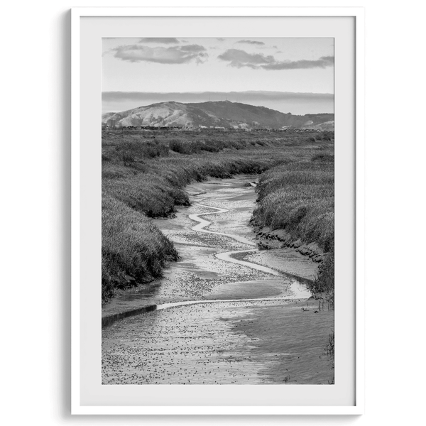A captivating fine art black and white nature portrait print that transports viewers to the enchanting marshlands of California, where a winding little river weaves its way through a picturesque landscape.