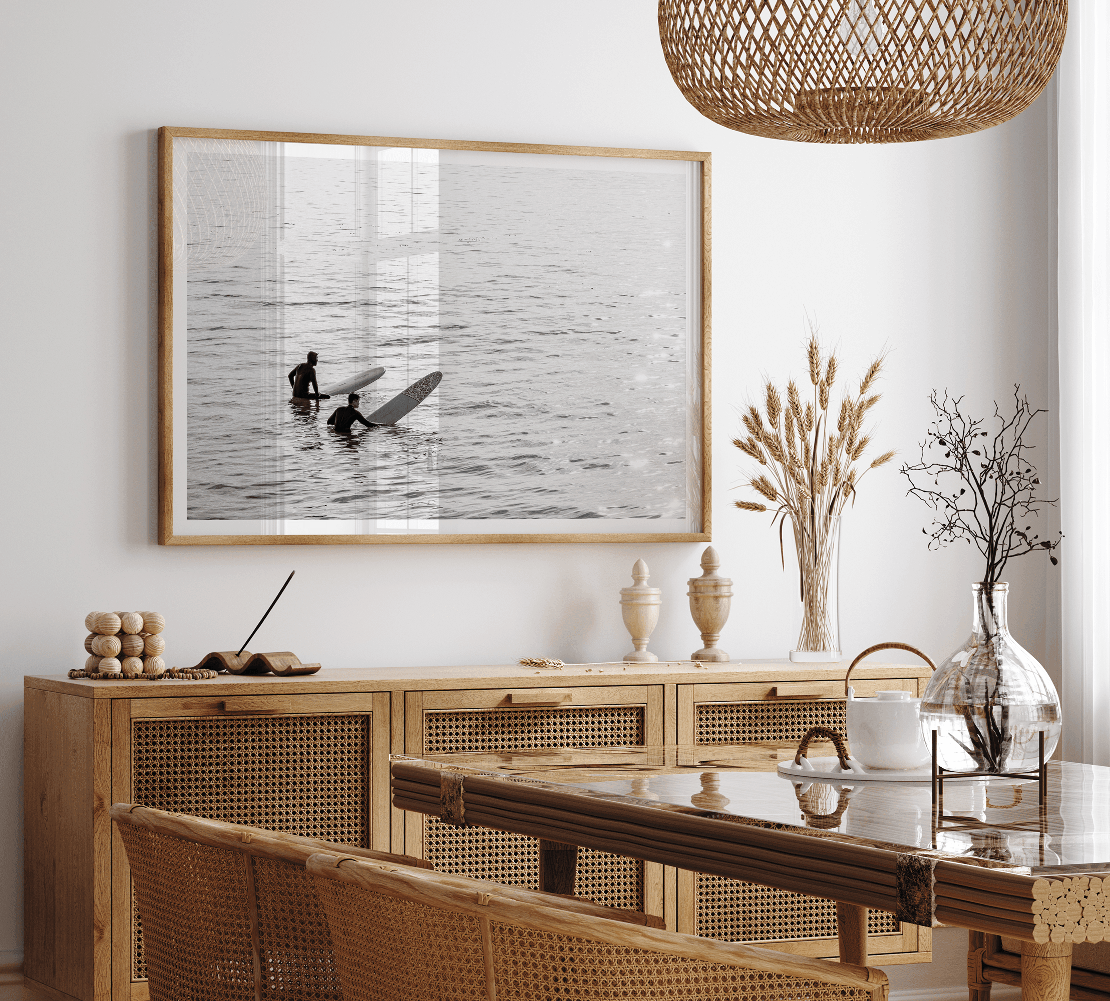 Black and white photo of two surfers with longboards waiting in calm ocean water – fine art surf photography print