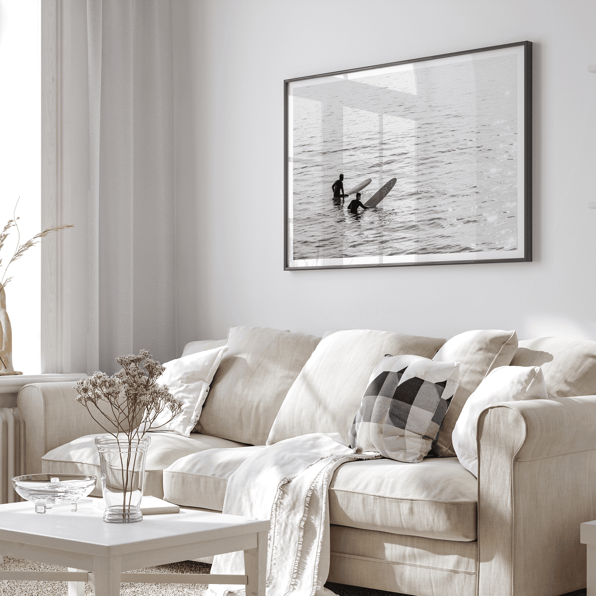 Black and white photo of two surfers with longboards waiting in calm ocean water – fine art surf photography print