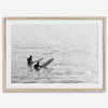 Black and white photo of two surfers with longboards waiting in calm ocean water – fine art surf photography print